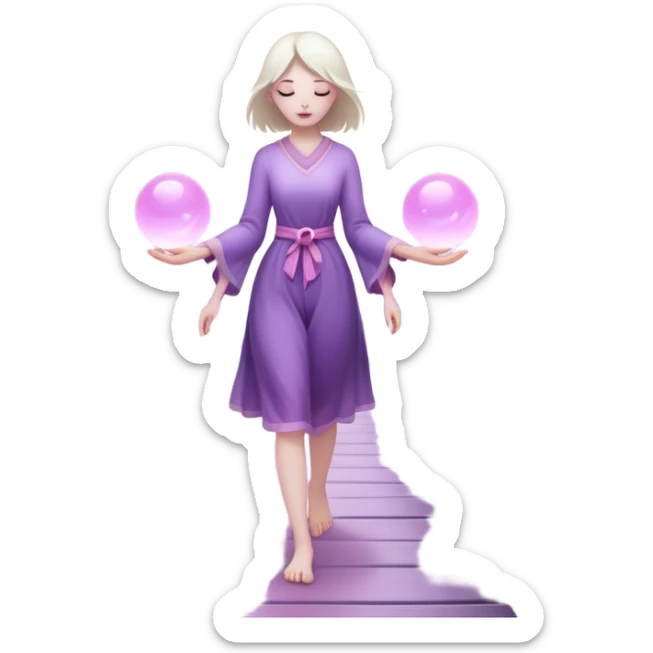 A small figure walks back across a foggy bridge, holding soft pink and purple orbs in each hand—symbolizing compassion and forgiveness. A gentle heart aura trails behind them, showing healing in motion. sticker