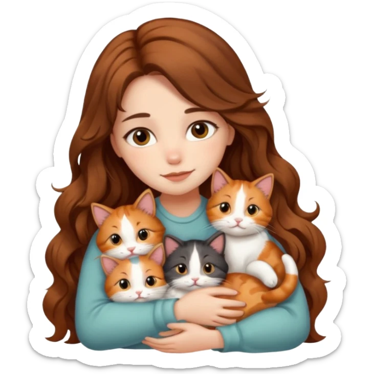 pretty girl with long wavy brown hair snuggling 6 cats sticker