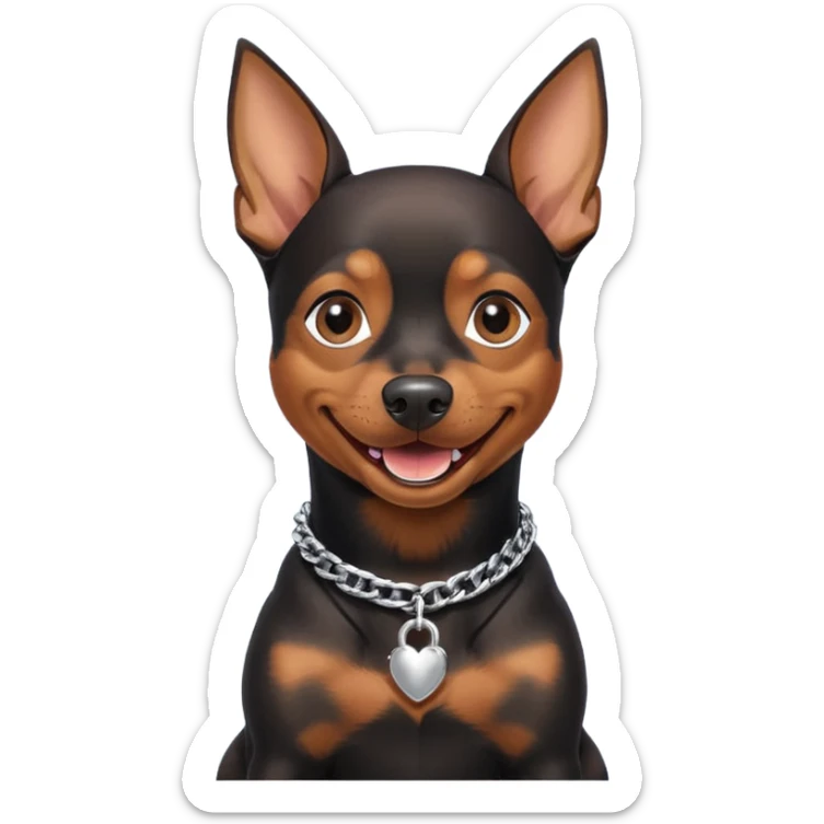 a pinscher dog black and brown sitting and smiling with a silver chain in the neck sticker