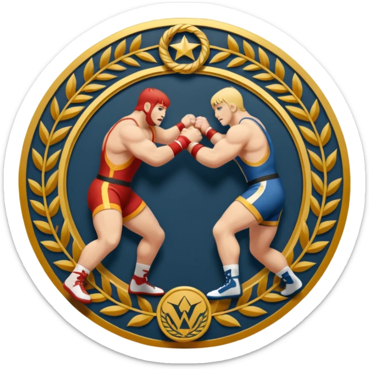 An icon symbolizing wrestling combat sports in the style of an emblem. The design features two wrestlers locked in a powerful grapple, one attempting to take the other down. Surrounding the scene are stylized elements like a championship belt, wrestling mat, and a laurel wreath. sticker