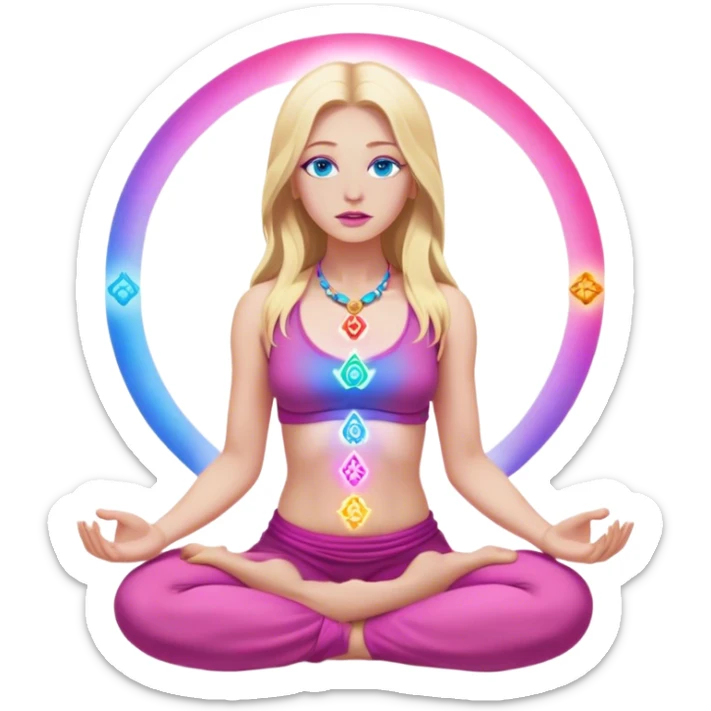 A cinematic realistic blonde with long hair, blue eyes and pink lips
meditates, her 7 chakras glow. sticker