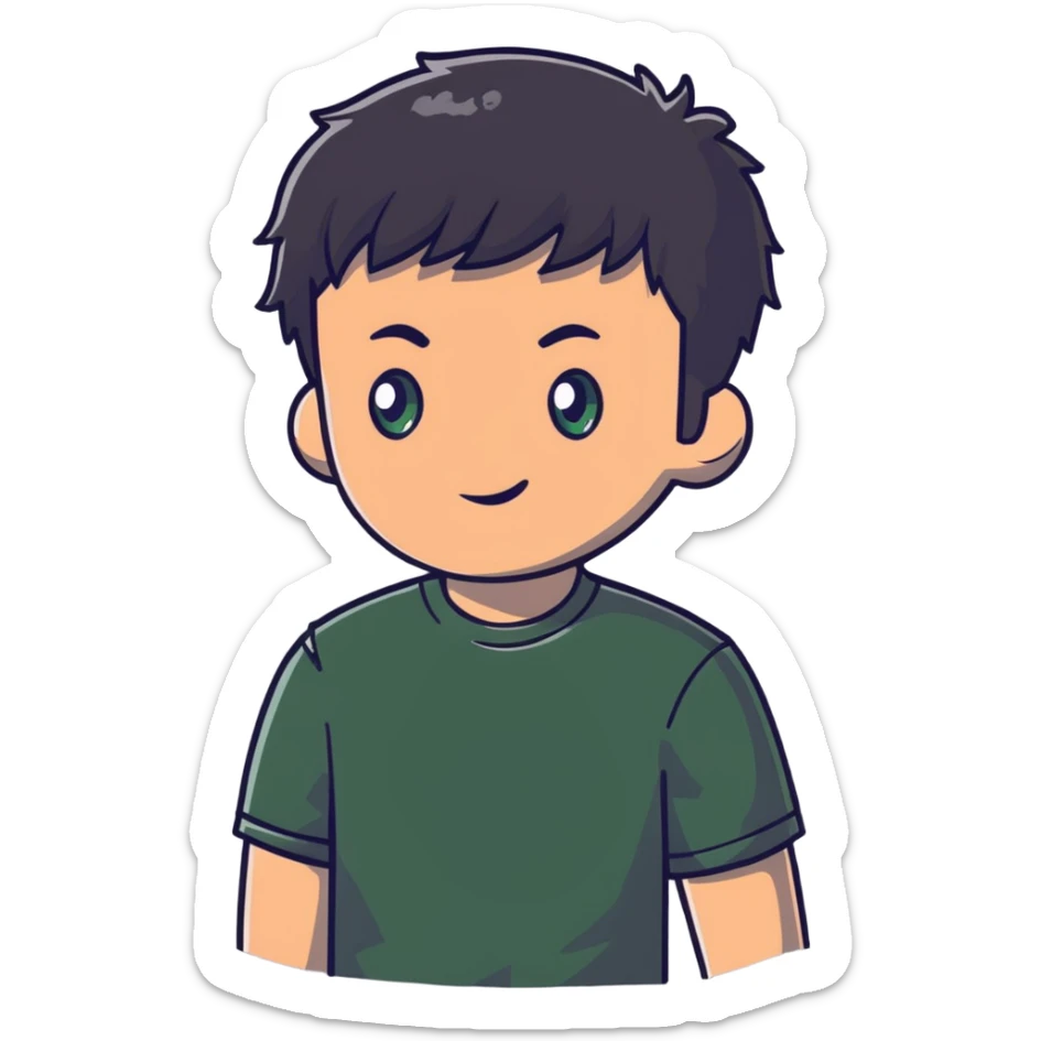 man with dark messy short hair, dark green eyes, wearing a gray t-shirt sticker