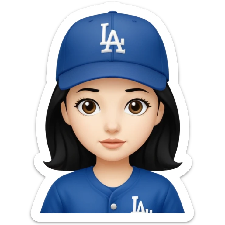 Can you make an emoji of a girl with fair skin with black hair wearing an LA dodger hat sticker