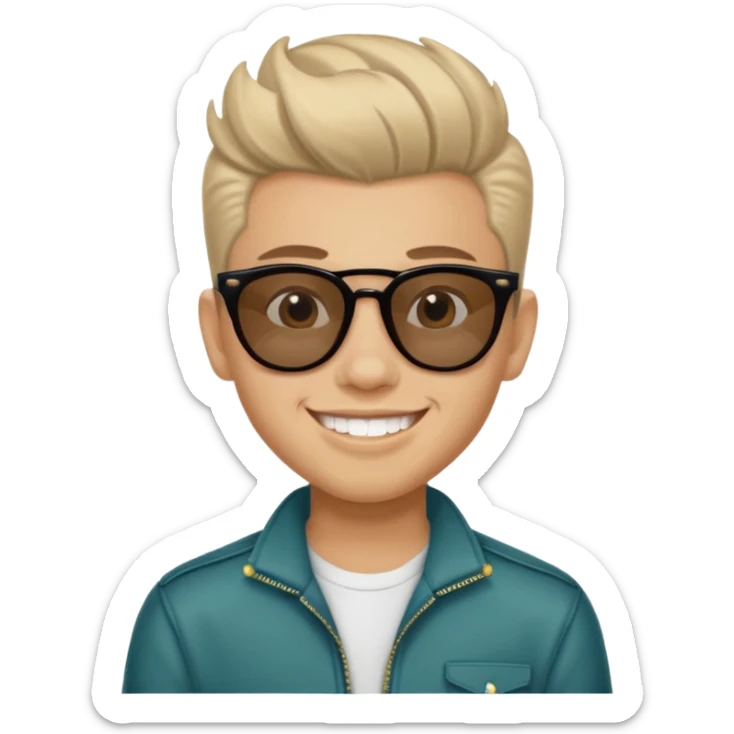 14 year old Mexican with a pompadour with the left side of his hair a little bit on the face grinning with sunglasses sticker