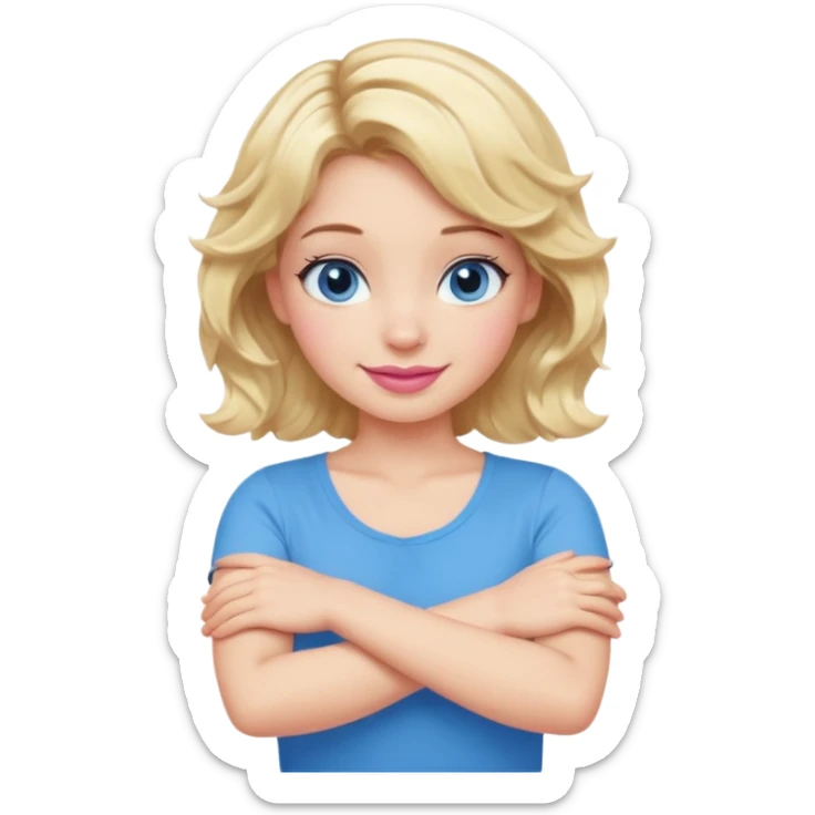 Girl Blonde short wavy hair,  blue eyes, cute blue top, long lashes, pink lips, smiling, making cross arms X with arms  sticker