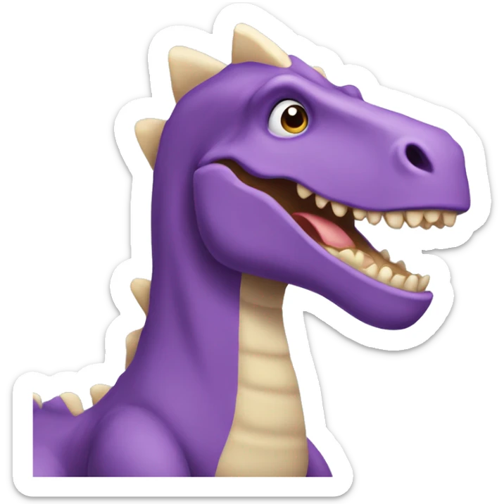 A tall purple dinosaur with blonde hair and with the writing “Mirasaur” sticker