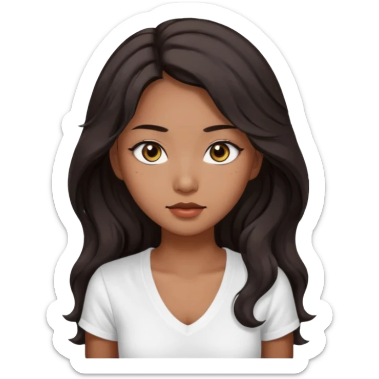 iOS style emoji. A girl with very long dark brown wavy hair. And the eyes color is dark brown. And she is wearing white t shirt with V kneck. And she is 30. She is Asian with double eyelids  sticker