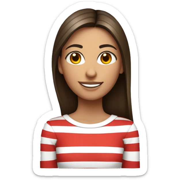 Portrait of an adult girl, tanned skin, dark long straight brown hair, dark eyes, smiling, wearing a white long sleeve with red horizontal thin stripes. sticker