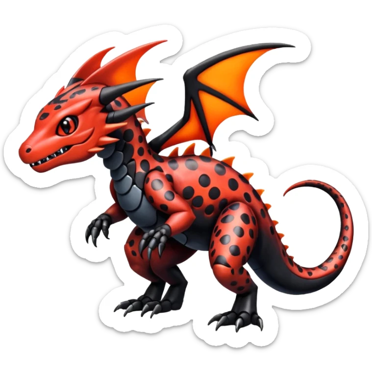 Cute Shiny spotted black and red iridescent Guilmon-Salandit-Fakémon-hybrid-creature (full body)  sticker