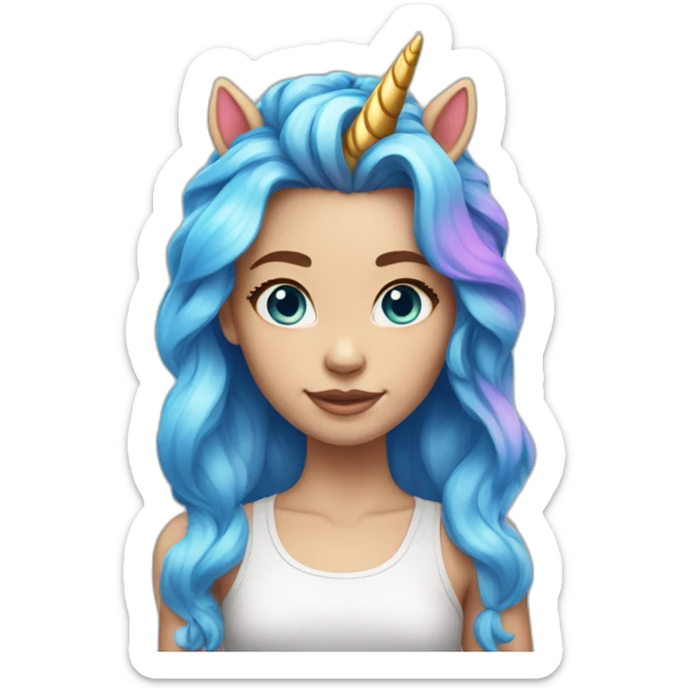 Girl with one unicorn horn on the forehead, and rainbow hair, light white skin tone andblue eyes sticker