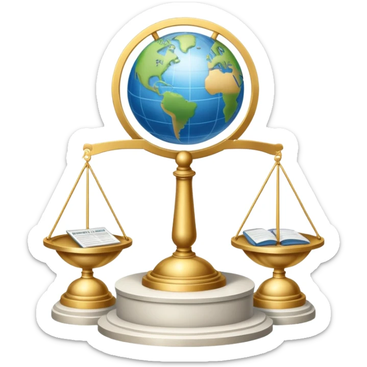 An icon featuring a podium with microphones, scales of justice, and a government building, symbolizing political science. The design includes a globe and voting ballot to represent global politics and civic participation. Transparent background highlights governance, policy, and political analysis. sticker