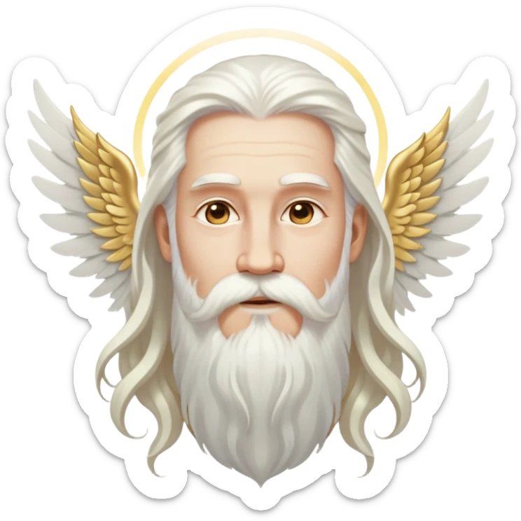 God-like figure with majestic white wings, long flowing white hair, beard and mustache, wearing gold dangle earrings, glowing aura sticker