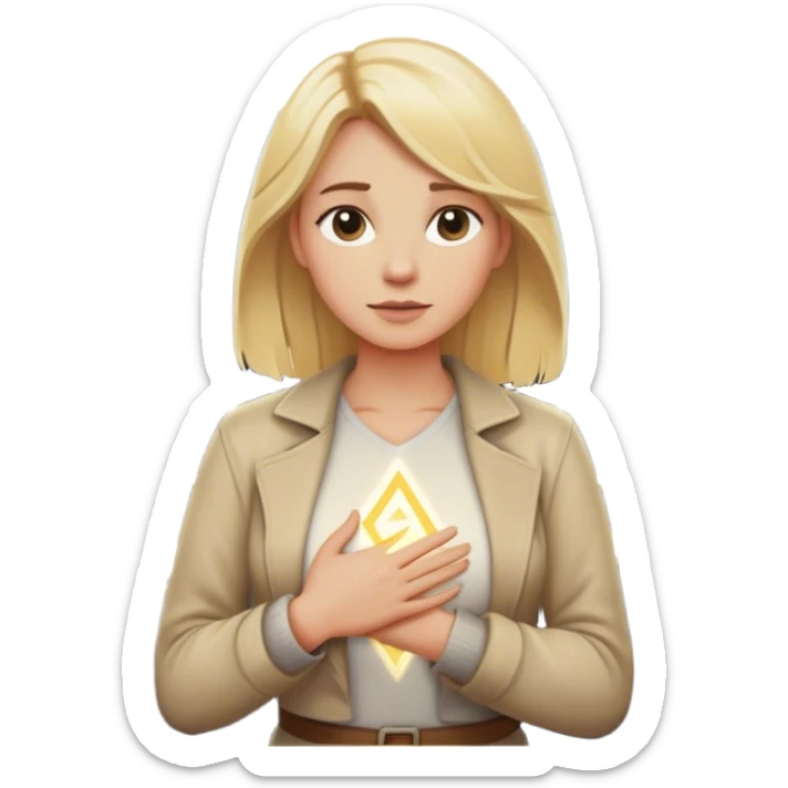 back of a blonde woman in front of a 2 crossroads paths ..places a hand on their chest, the light path, symbolizing their decision to respond instead of react with peace. light trail on mountains sticker