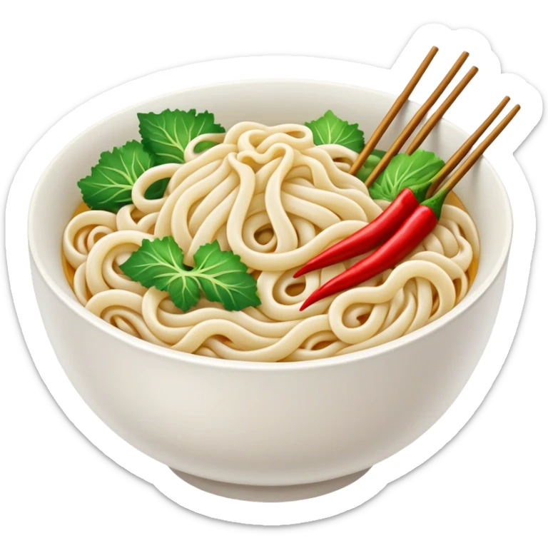 A bowl of udon noodles with green cabbage, chillies and enoki mushrooms sticker