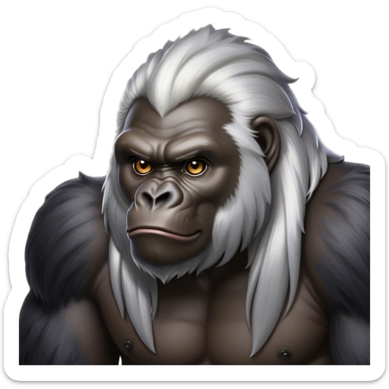 Cinematic Noble mountain Gorilla Portrait Emoji, Poised and majestic, with a powerful, muscular frame accentuated by a distinguished silver mane and piercing, wise eyes, Simplified yet sharp and sophisticated features, highly detailed, glowing with a soft, regal jungle glow, high shine, intelligent and commanding, stylized with an air of imperial strength, focused and resolute, soft glowing outline, capturing the essence of a watchful guardian that feels as though it could step out of the screen with effortless authority! sticker