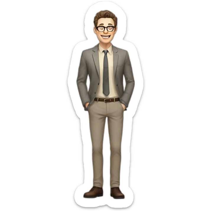 Joyful Full height Pale skinned Fit Man With dark brown hair in gray jacket, beige office shirt, Brown pants and vintage glasses. His thrumbs up sticker