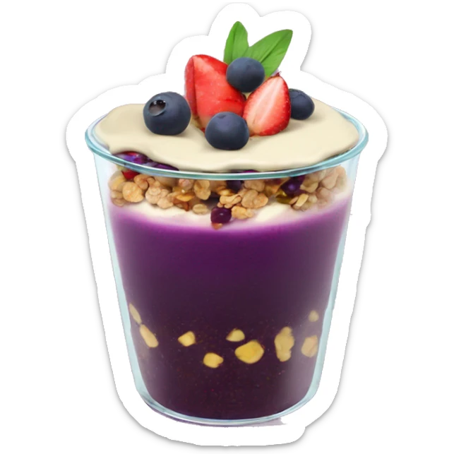 Açaí in a clear cup with layers of fruits and granola and condensed milk sticker