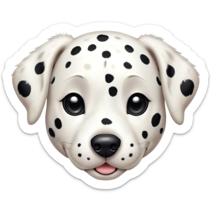Cinematic Cute Spotted Dalmatian Portrait Emoji, Head tilted playfully and inquisitively, featuring a glossy Fur of predominantly white with dynamic black patches, round, sparkling eyes filled with gentle curiosity, Simplified yet irresistibly adorable features, highly detailed, glowing with a warm, friendly glow, high shine, affectionate and gentle, stylized with a touch of whimsy, bright and endearing, soft glowing outline, capturing the essence of a mischievous yet loving pup, so playful it feels like it could lumber out of the screen and into your arms! sticker
