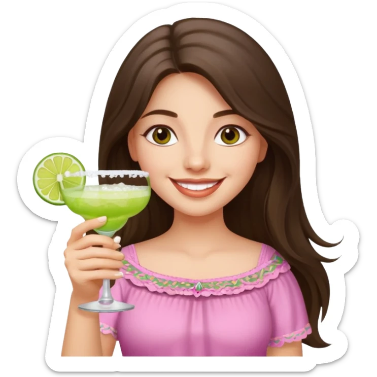 happy long haired brunette girl hazel eyes in light pink holding a margarita   sticker