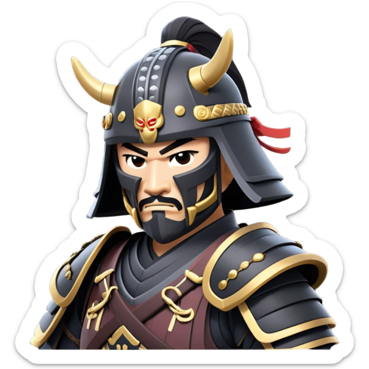 clash-of-clans-aesthetic_-cinematic-fearsome-and-majestic-samurai-bust-portrait-emoji, rendered in a flat, vector-style with minimal shading and bold, simplified shapes typical of emoji art, depicting a battle-hardened samurai with black mask and traditional black Japanese armor. The samurai is riding a noble grey warhorse adorned with an intricately designed saddle and fluttering banners and a rising sun. a samurai on a   horse sticker