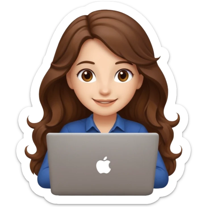 Sitting in front of a laptop in the style of a cute female developer. No glasses, long hair waves and smiling. sticker