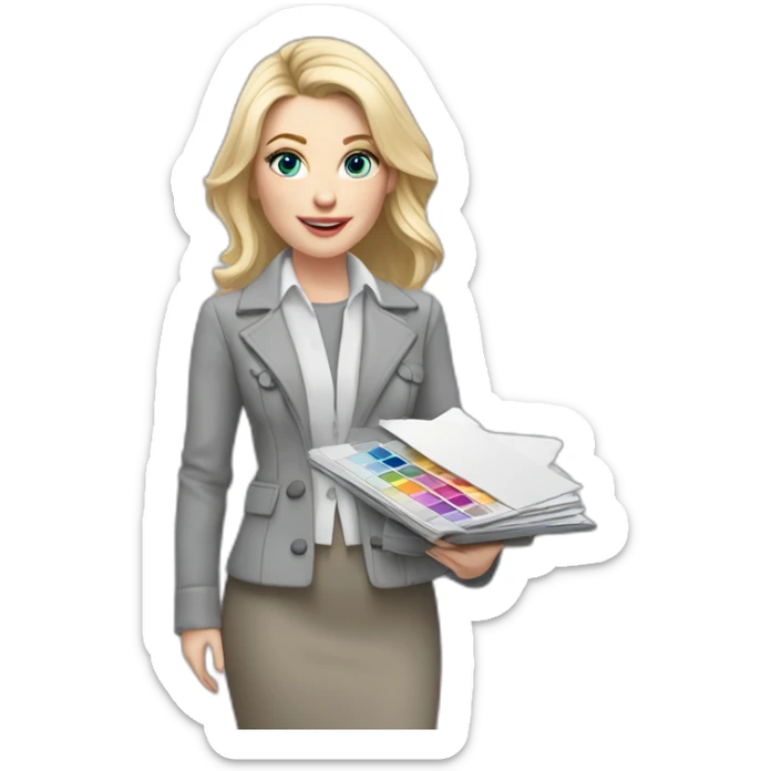 pale skin woman interior designer with cold blonde middle length hair, blue eyes, White blouse, Gray oversize jacket, Gray skirt holding a color palette in the hands sticker
