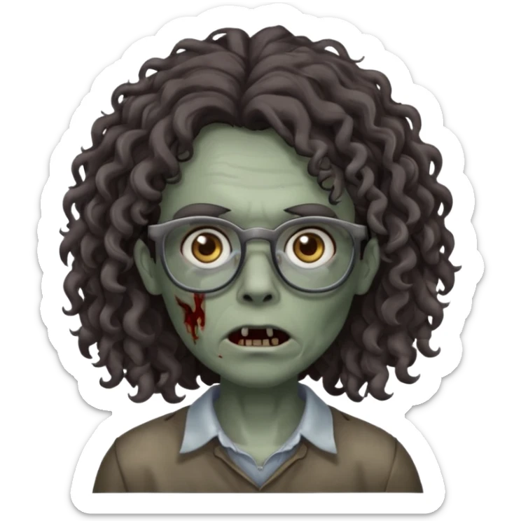 make a zombie with grey skin and long dark brown curly hair and glasses sticker