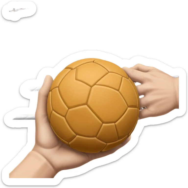 A close-up of a hand gripping a handball, with the handball gates visible in the background. The focus is on the texture of the ball and the strength of the grip, with the goal net slightly blurred to emphasize the anticipation of the throw. sticker