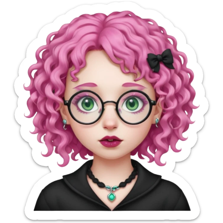 . Gothic girl with pink curly hair, round glasses, septum piercing, nostril piercing, almond eyes, blueish green eyes, sticker