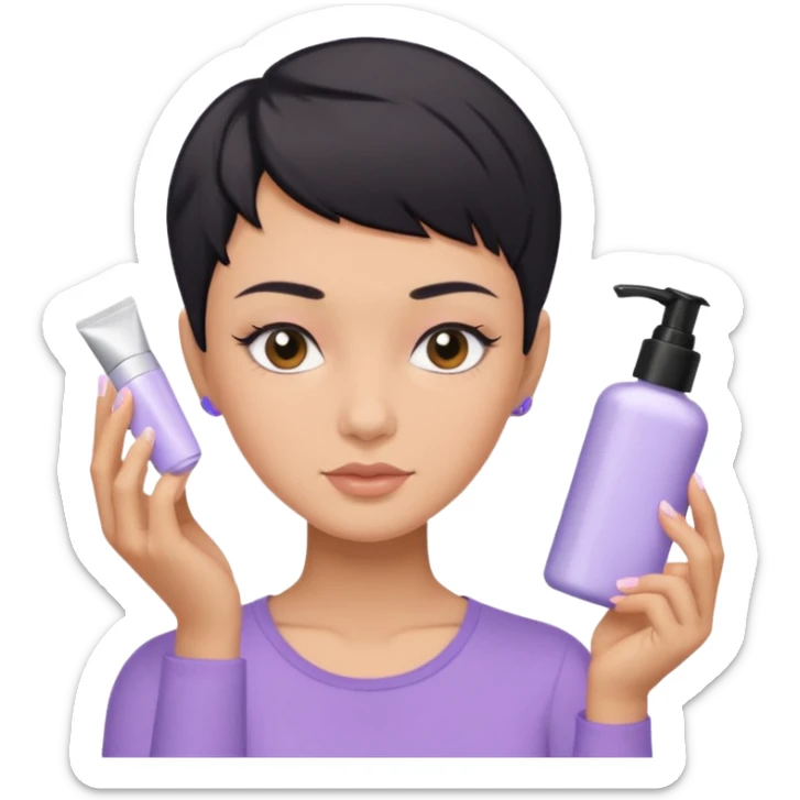 tan girl with pastel purple shirt with black hair & a pixie, doing her skin care sticker
