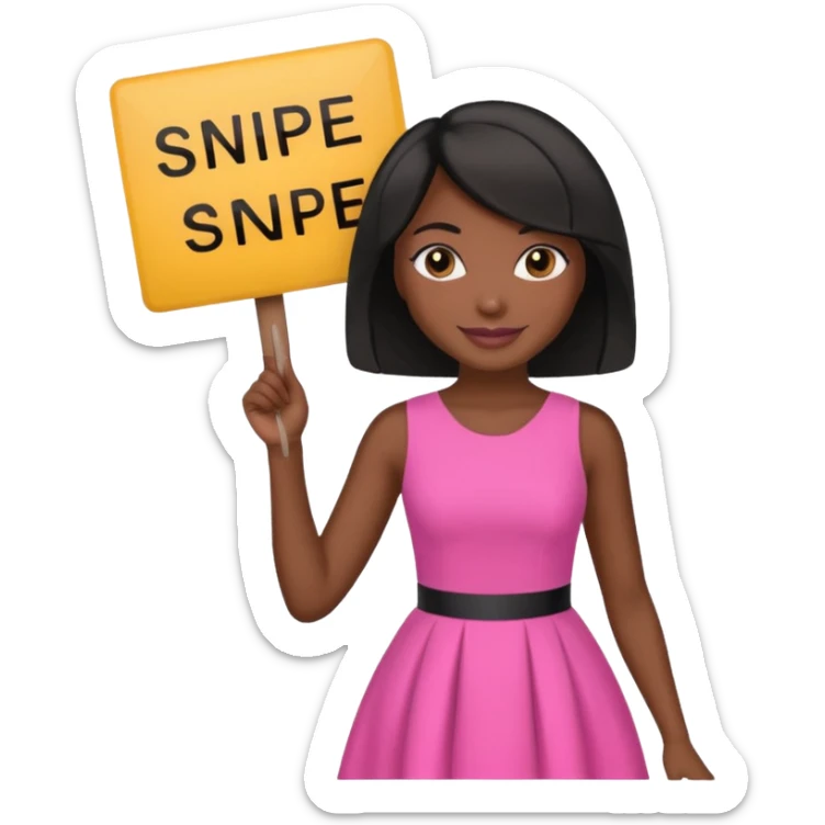 Dark skin woman with black bob in hair holding sign that says snipe  wearing pink dress  sticker