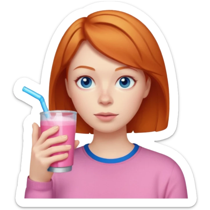 ginger woman short hair, pink shirt, sipping energy drink blue eyes cosy  sticker