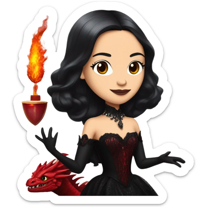 Lavish Victorian evening gown with gloves, Jenna Ortega as Morticia Addams Jedi wearing a mini tiara, riding on the back of a very large blood red evil-looking horned firedragon sticker