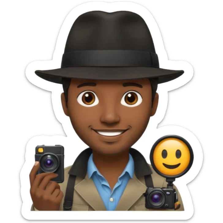 smiling Black photographer wearing black fedora, short messy dark brown hair, stubble sticker