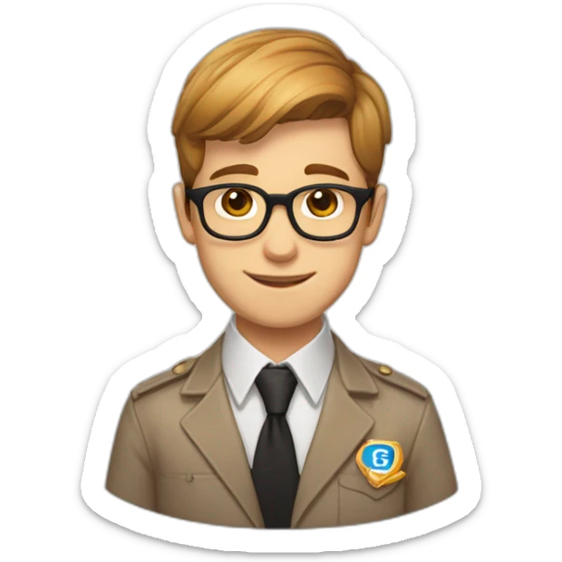 Light brown hair boy with glasses, with a white elegant shirt and a badge with the word "Carmelo - GFT" on it sticker