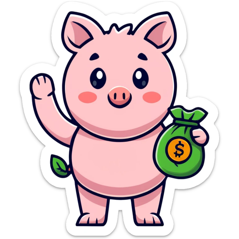 cute penny coin mascot with arms and legs, holding a piggy bank, financial advisor character sticker