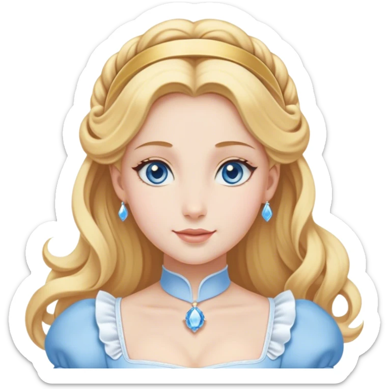 Cinematic Elegant Cinderella Portrait Emoji, Graceful and poised in her classic maid attire, golden locks cascading softly, bright blue eyes full of hope, a gentle glow of kindness and determination, delicate and humble yet undeniably beautiful, evoking the moment before her magical transformation, pure enchantment in her gaze! sticker