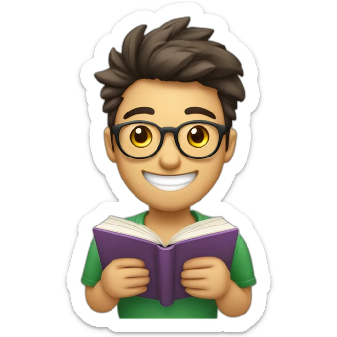 joven estudiante con todossus libros que son muchos, de piel blanca muy feliz y sonriente con un libro en sus manos  sticker