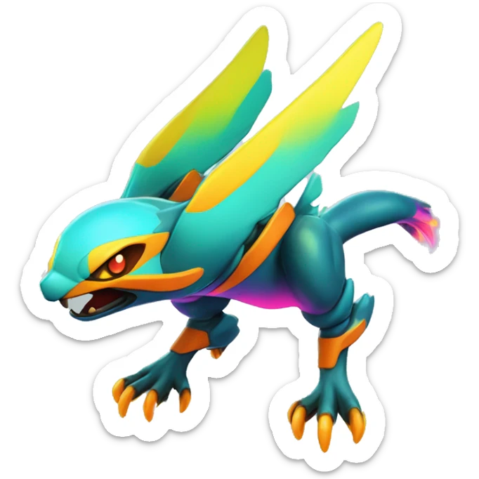 Colorful Neon Colors Vibrant Colors Flying Futuristic Fakémon-Pokémon-Creature Full Body sticker