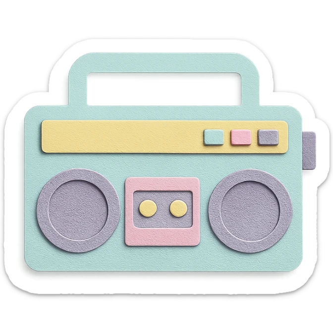 small portable boombox in paper-craft style with pastel colors and simple design sticker