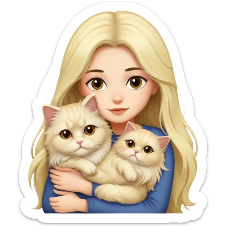 pretty girl with dark long hair hugging her blonde fluffy persian cat  sticker