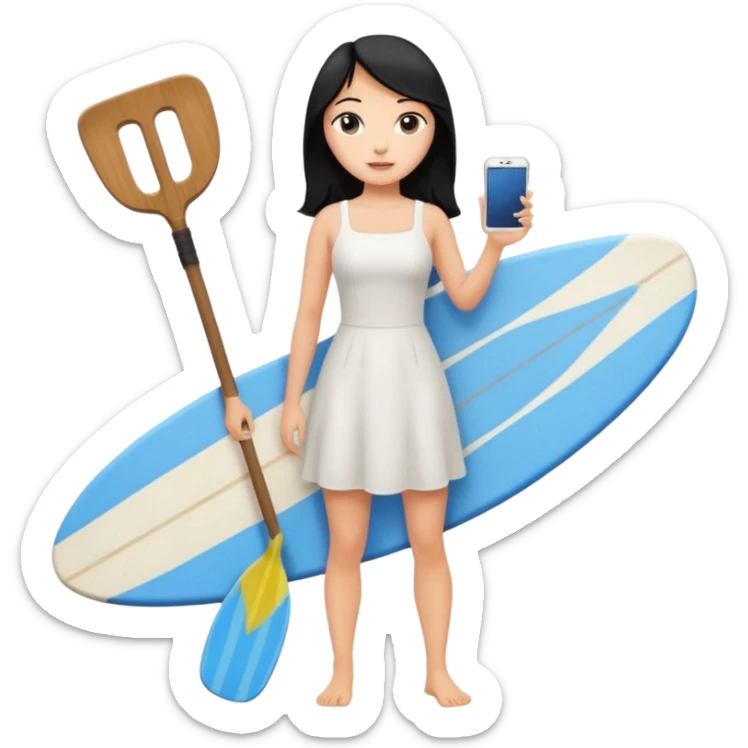 Princess who wearing white dress (woman) black hair holding her phone and long shovel with another hand. She is standing on her feet, there is one blue surfing board. sticker