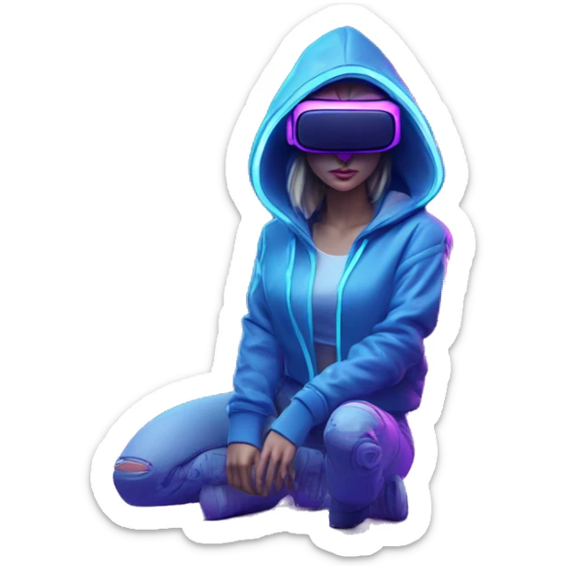 Create a 3D model of a Russian girl wearing a blue "OMG" hoodie and VR headset in a cyberpunk VR environment with violet neon lighting. sticker