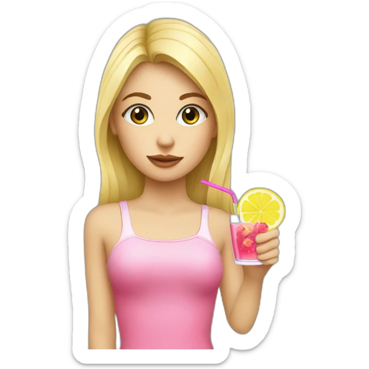 blonde girl straw drinking pink lemonade with one green lemon in the cup, with black watch sticker