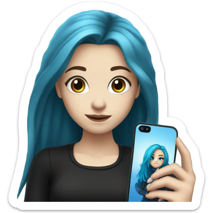white skin girl with long blue hair in black clothes taking a selfie sticker