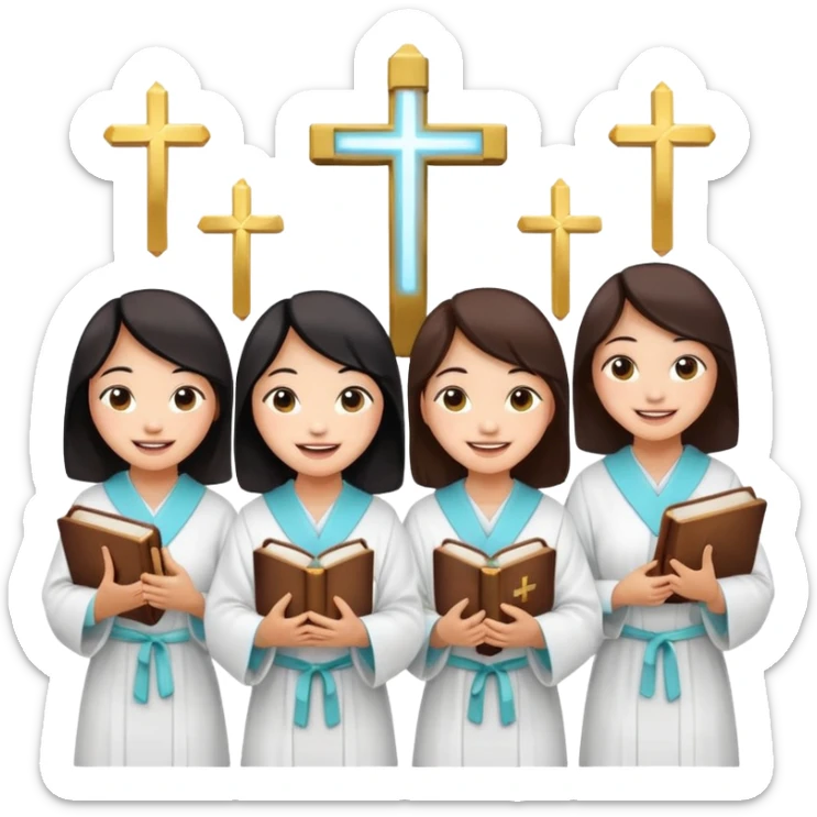eight asian girls holding bibles and crosses and laughing to each other sticker