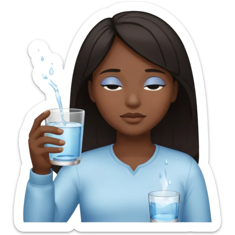 The central figure is an emoji of a person with dark hair, eyes closed, hold a glass but dont show the glass sticker