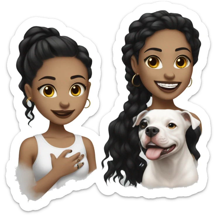 light skin woman with a face tattoo of a cross and long wavy black hair expressing joy alongide a white miniature pitbull  sticker