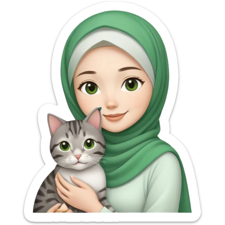 Asian White girl wearing green hijab and white dress holding a black grey tabby cat while smiling.  sticker
