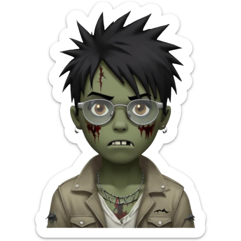 Boy, zombie, black hair, medium long, spiky hair, emo, shaggy, dark, spooky, creepy expression emoji, add transparent glasses, a risk on the eyebrow, some tattos sticker